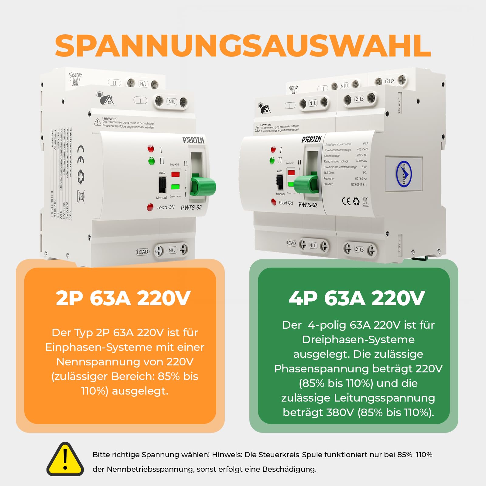 ATS Automatischer Umschalter 4P 63A 400V AC, 4-poliger Notstrom Umschalter für Netzvorrangschaltung