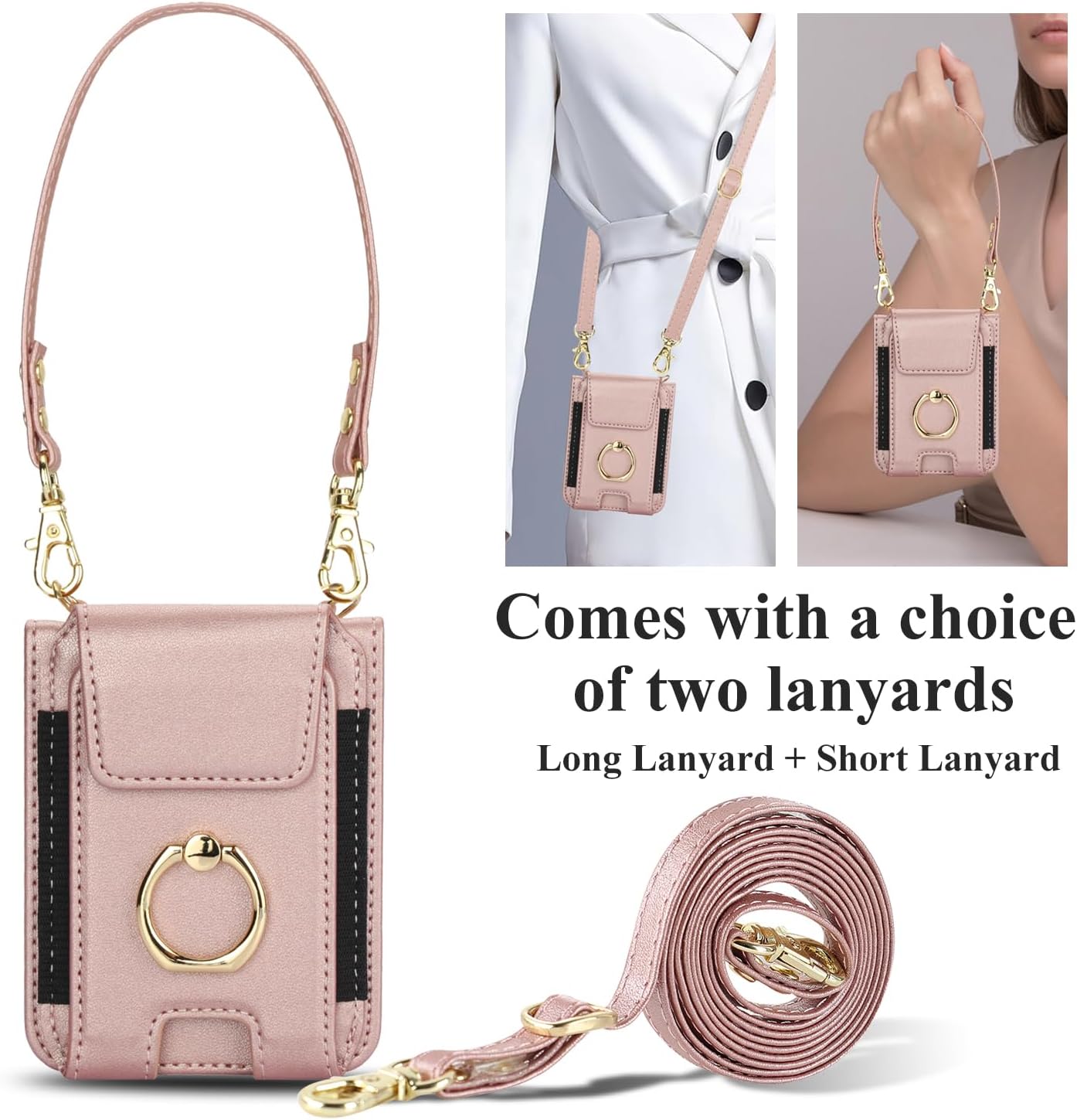Asuwish Phone Case for Samsung Galaxy Z Flip 7 5G Wallet Cover with Ring Crossbody Wrist Strap Lanyard Credit Card Holder Slot Cell Leather Purse ZFlip 7Z Z7 G Flip7 ZFlip7 Women Men Girls Rose Gold
