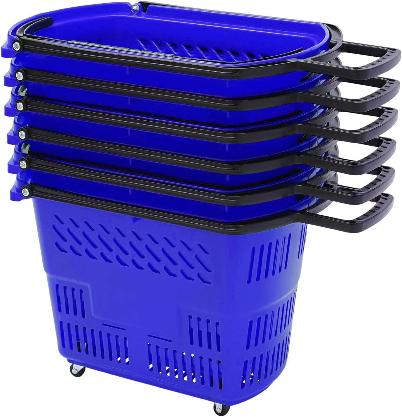Shopping Carts with Handles, 6PCS 35L Blue Plastic Rolling Shopping Basket Set, 19" x 13.7" x 14" Portable Large Grocery Basket with Wheels for Supermarkets Retail Stores Laundry