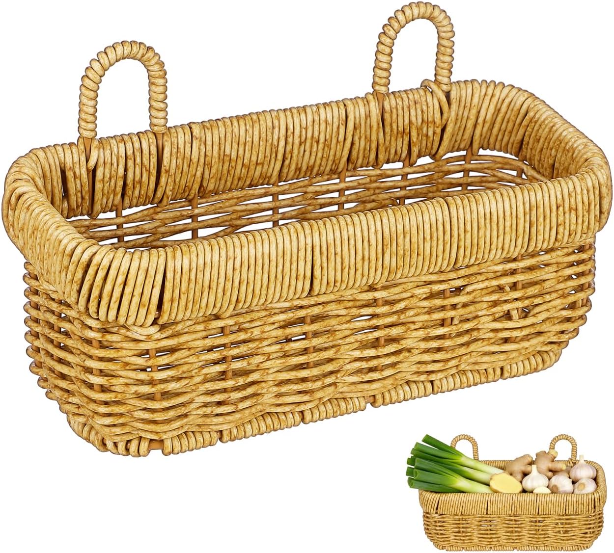 PRETYZOOM Hanging Woven Basket with Handle 8.46X4.92X3.14In Rattan Storage Organizer for Garlic Ginger Onions and Kitchen Wall Space-Saving