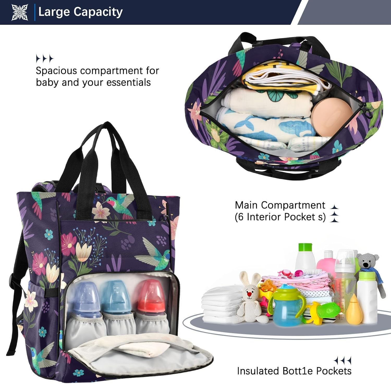 Tropical Flowers Hummingbirds Purple Pattern Diaper Bag Backpack for Baby Boys Girls Multifunction Baby Essentials Travel Tote with Stroller Straps & Bottle Storage Maternity Travel Bag for Baby