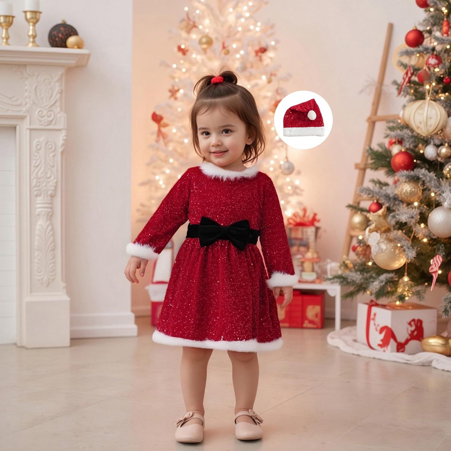 Toddler Baby Girl Christmas Outfit Santa Glitter Fur Long Sleeve A Line Dress for Party Cute Girls Christmas Dress - Image 2