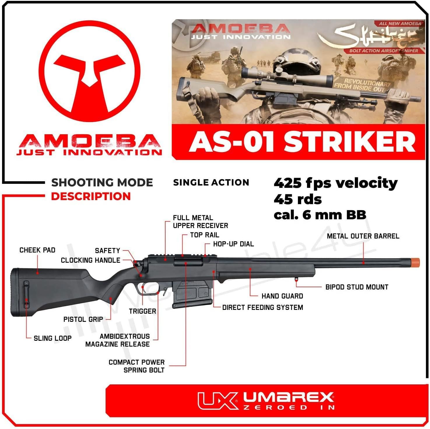 Elite Force Amoeba AS-01 Striker Rifle Gen2 Spring Powered 6mm BB Sniper Rifle Airsoft Gun