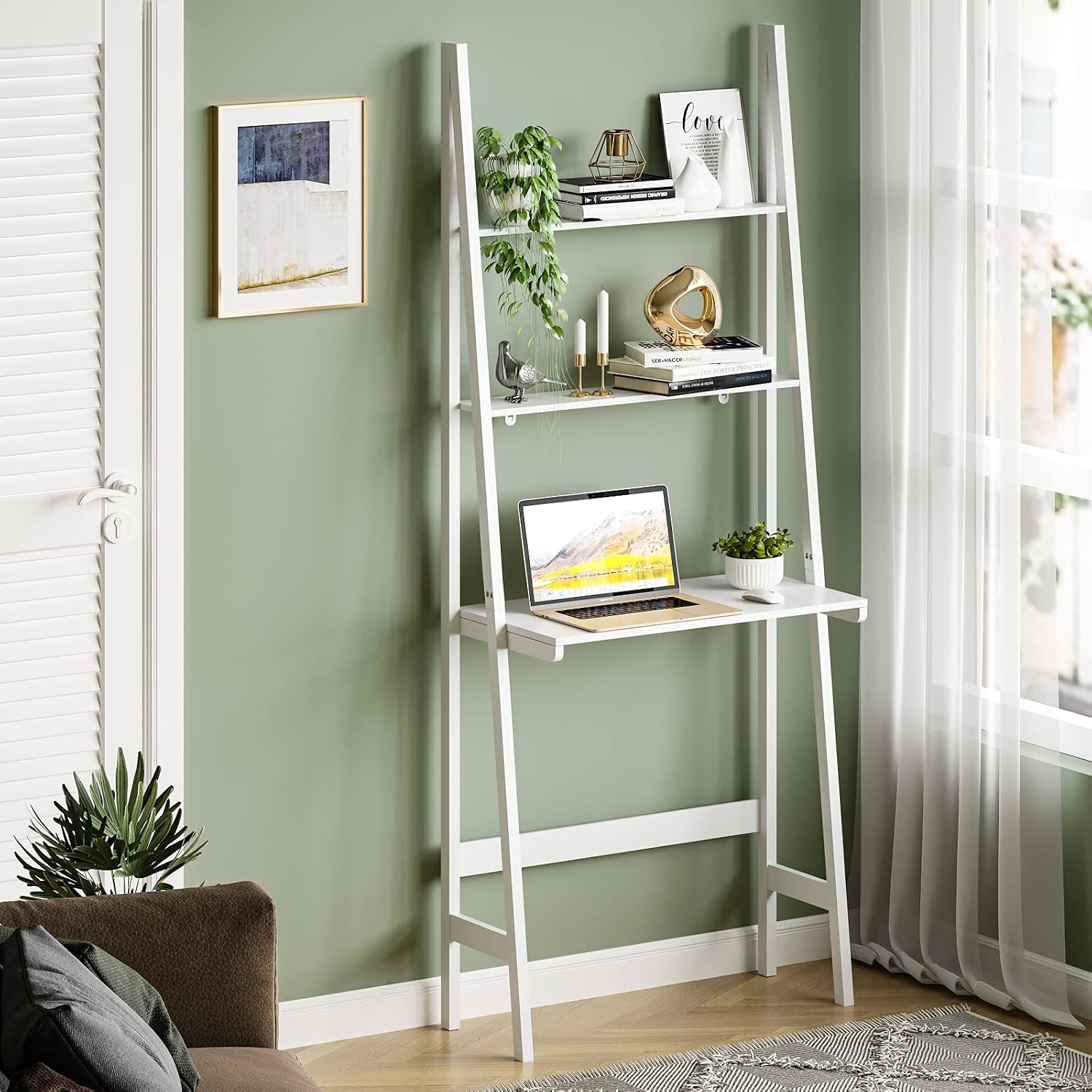 Itaar 3-Tier Ladder Shelf Bookcase, Leaning Free Standing Wooden Frame Decor Bookshelf Storage Flower Shelf Plant Display Shelf for Home Office, White