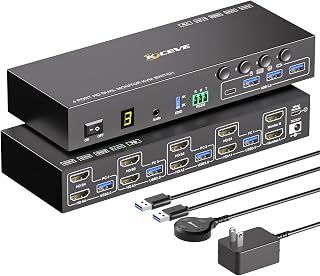 HDMI KVM Switch 2 Monitors 4 Computers 4K@60Hz EDID Simulation, 4 Port KVM Switch Dual Monitor with 4 USB 3.0 Ports for USB Peripherals, Audio, RS232, with Wired Remote, 12V Power and 4 USB Cables