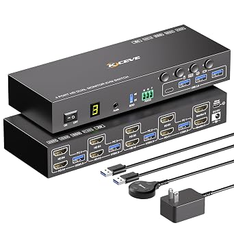 HDMI KVM Switch 2 Monitors 4 Computers 4K@60Hz EDID Simulation, 4 Port KVM Switch Dual Monitor with 4 USB 3.0 Ports for USB Peripherals, Audio, RS232, with Wired Remote, 12V Power and 4 USB Cables