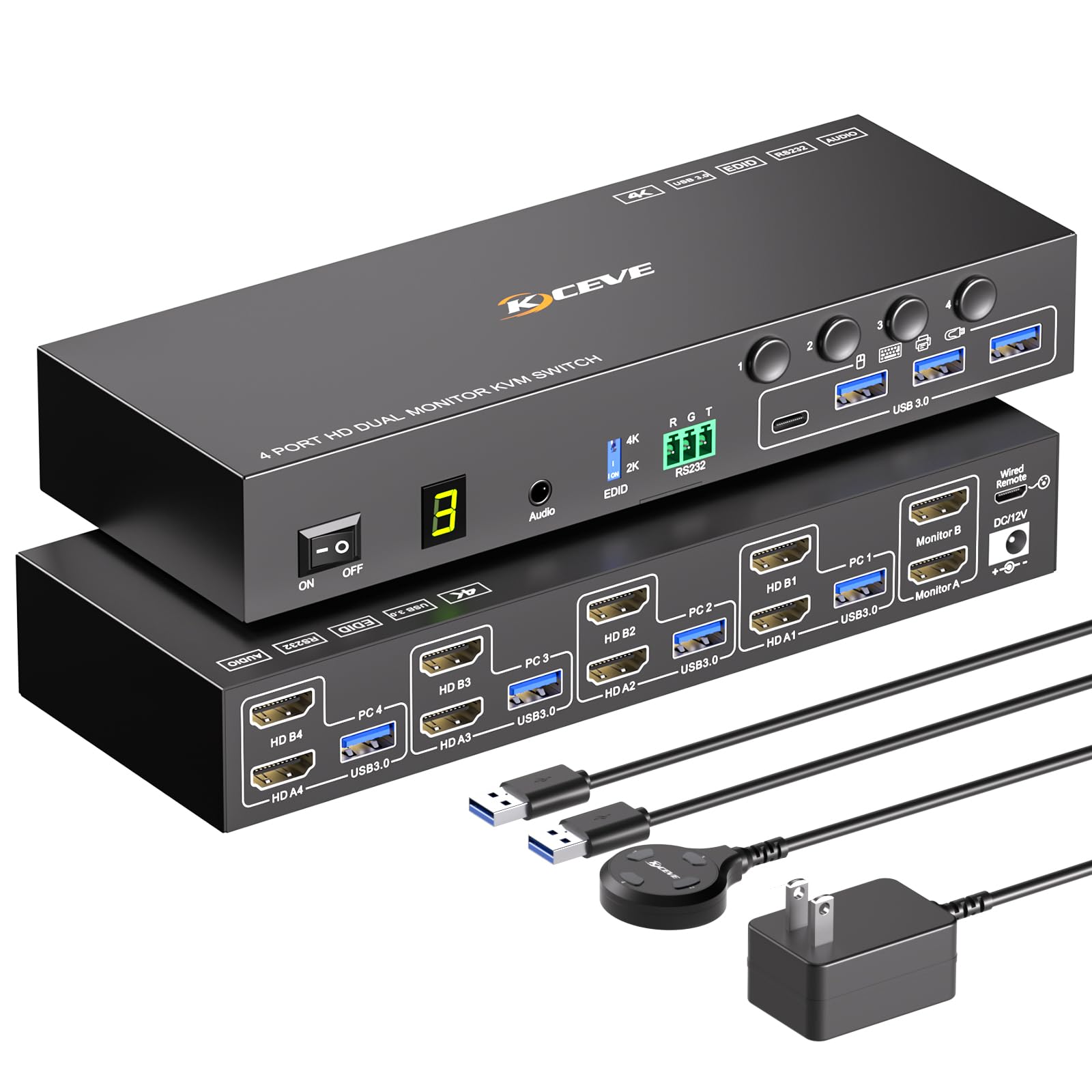 HDMI KVM Switch 2 Monitors 4 Computers 4K@60Hz EDID Simulation, 4 Port KVM Switch Dual Monitor with 4 USB 3.0 Ports for USB Peripherals, Audio, RS232, with Wired Remote, 12V Power and 4 USB Cables-image-47