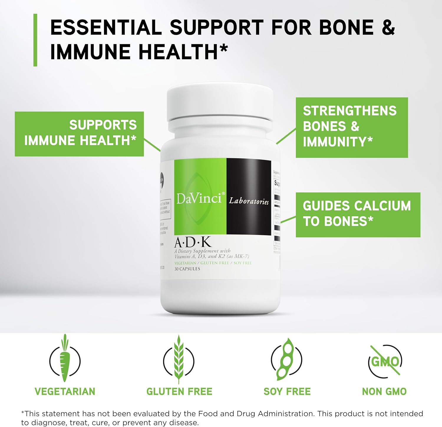 DAVINCI Labs ADK - Helps Support Bone, Heart & Immune Health - Dietary Supplement with Vitamins A, D3 & K2 (as MK-7) - Vegetarian, Gluten Free & Soy Free - 60 Capsules