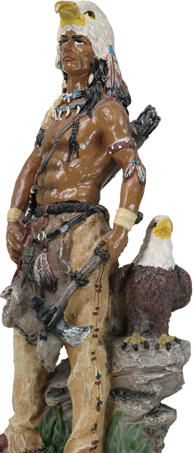 Ebros Gift 10" H Native American Sky Mountain Indian Tribal Eagle Warrior Hunter Chief Holding Axe Accompanied by Bald Eagle Bird Figurine As Home Decor Sculpture Cultural Heritage History Sculpture
