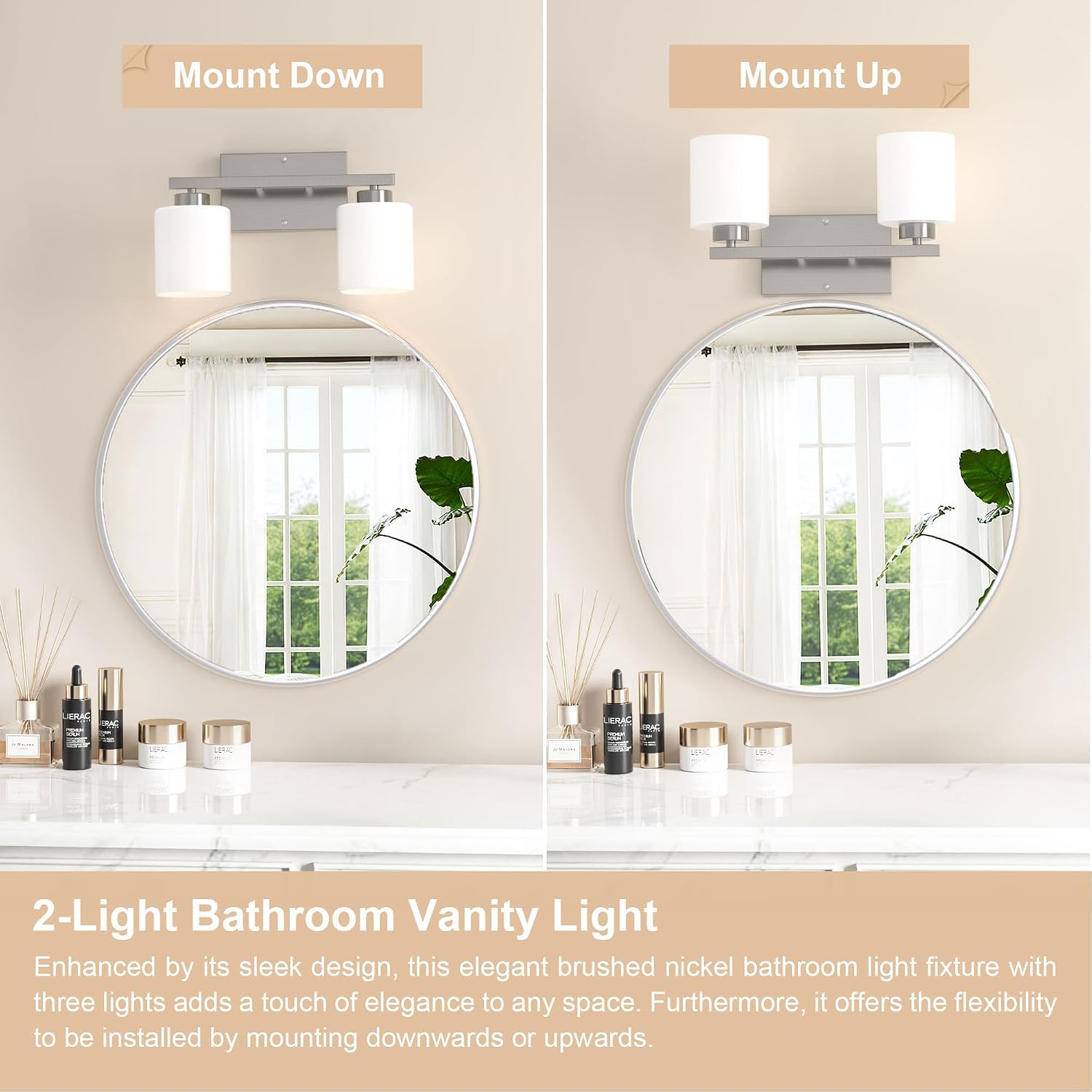 Honesorn Bathroom Vanity Light, 2 Light, Brushed Nickel, Frosted Shades image 4