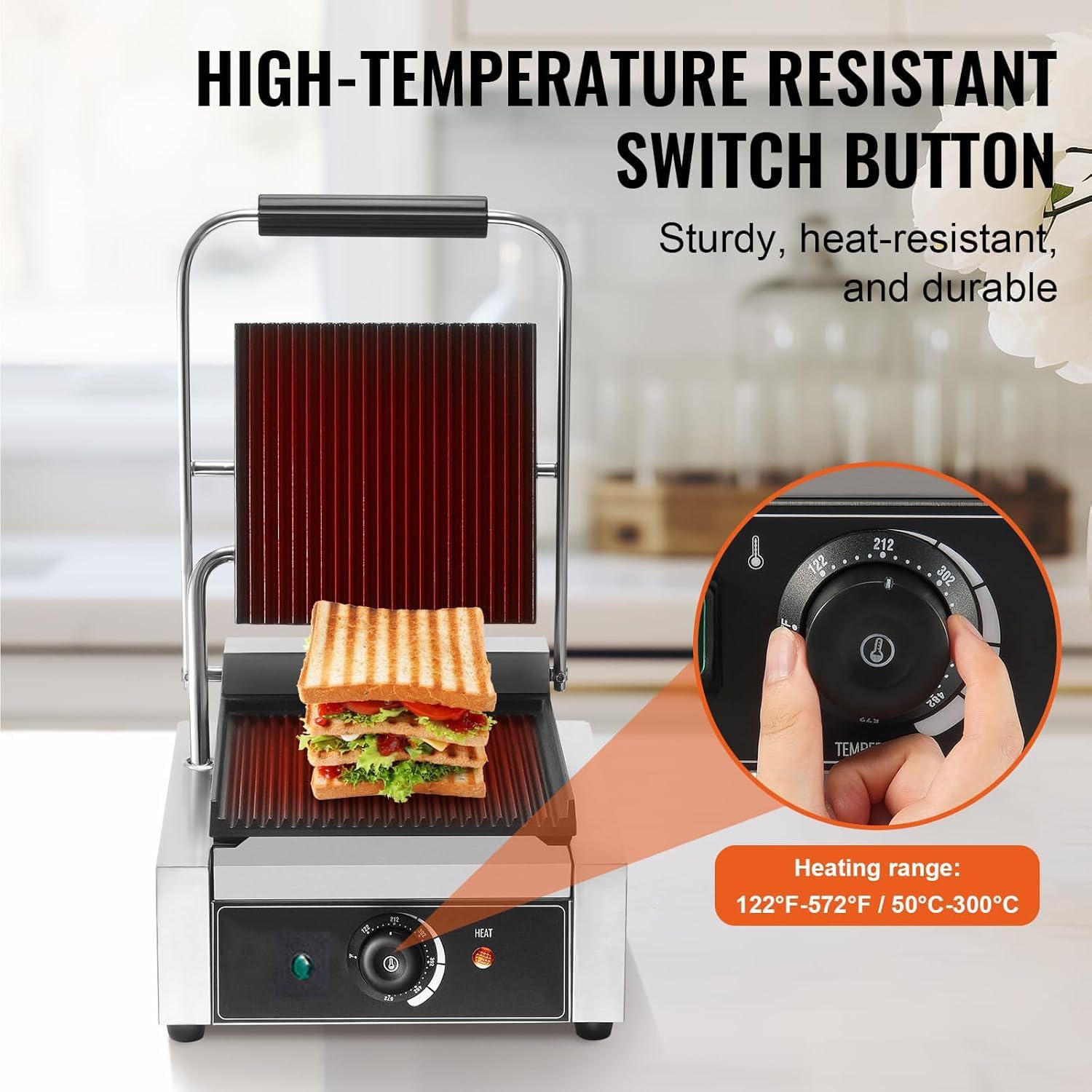 Piastra per Sandwich in Ghisa da 1800 W, Pressa Professionale per Panini, Griglia per Panini da 50°c A 300°c, per Hamburger, Bistecche, Pancetta, Panini, Salsicce