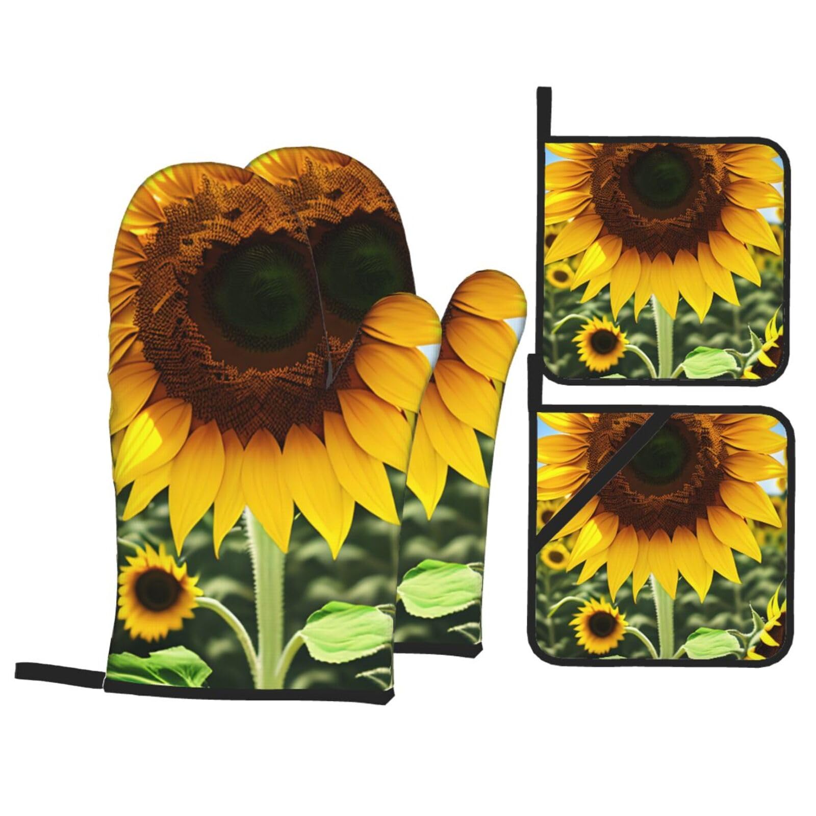 Yellow Sunflower Print 4-Piece Oven Microwaving Set Kitchen Gloves for Holiday Cooking Baking Grilling