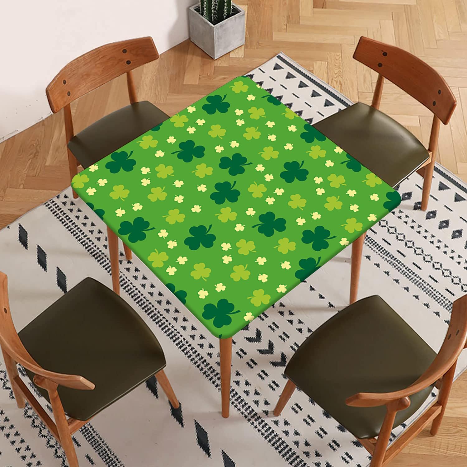 Square Fitted Polyester Tablecloth, St. Patrick's Day Elastic Edge Decorative Table Cover, Stain Resistant Washable Table Cover for Garden Patio Picnic Use, Fits 48"x48" Square Table