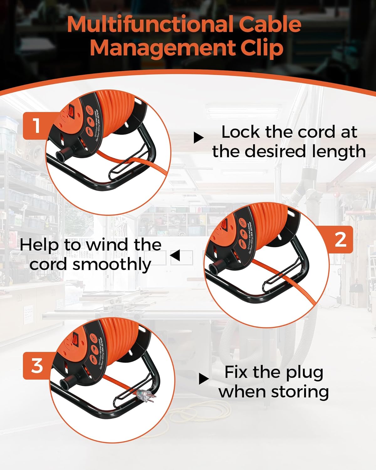 Extension Cord Storage Reel with 4-Grounded Outlets, Heavy Duty Open Cord Reel for 12/3,14/3,16/3 Gauge Power Cord, Hand Wind Retractable, 15A Circuit Breaker, ETL Listed, Orange G95CR06