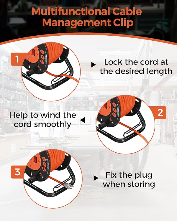 WILAWELS Extension Cord Storage Reel with 4-Grounded Outlets, Heavy Duty Open Cord Reel for 12/3,14/3,16/3 Gauge Power Cord, Hand Wind Retractable, 15A Circuit Breaker, ETL Listed, Orange G95CR06 by WILAWELS - Used condition - Image 7