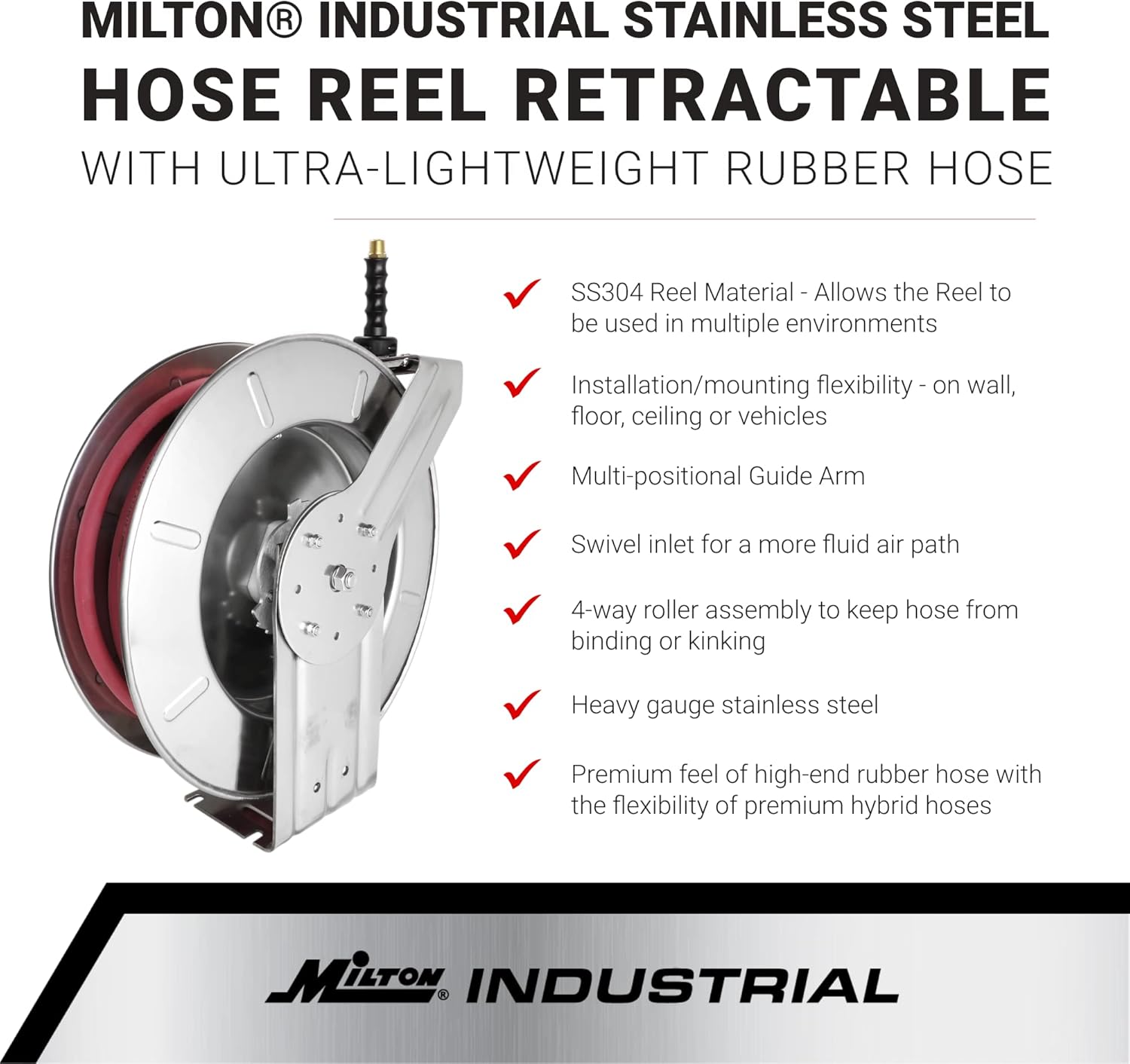 Milton 2752-2514SS: Stainless Steel Hose Reel W/ 3/8" X 25' Ulr Hose (1/4" Fittings)