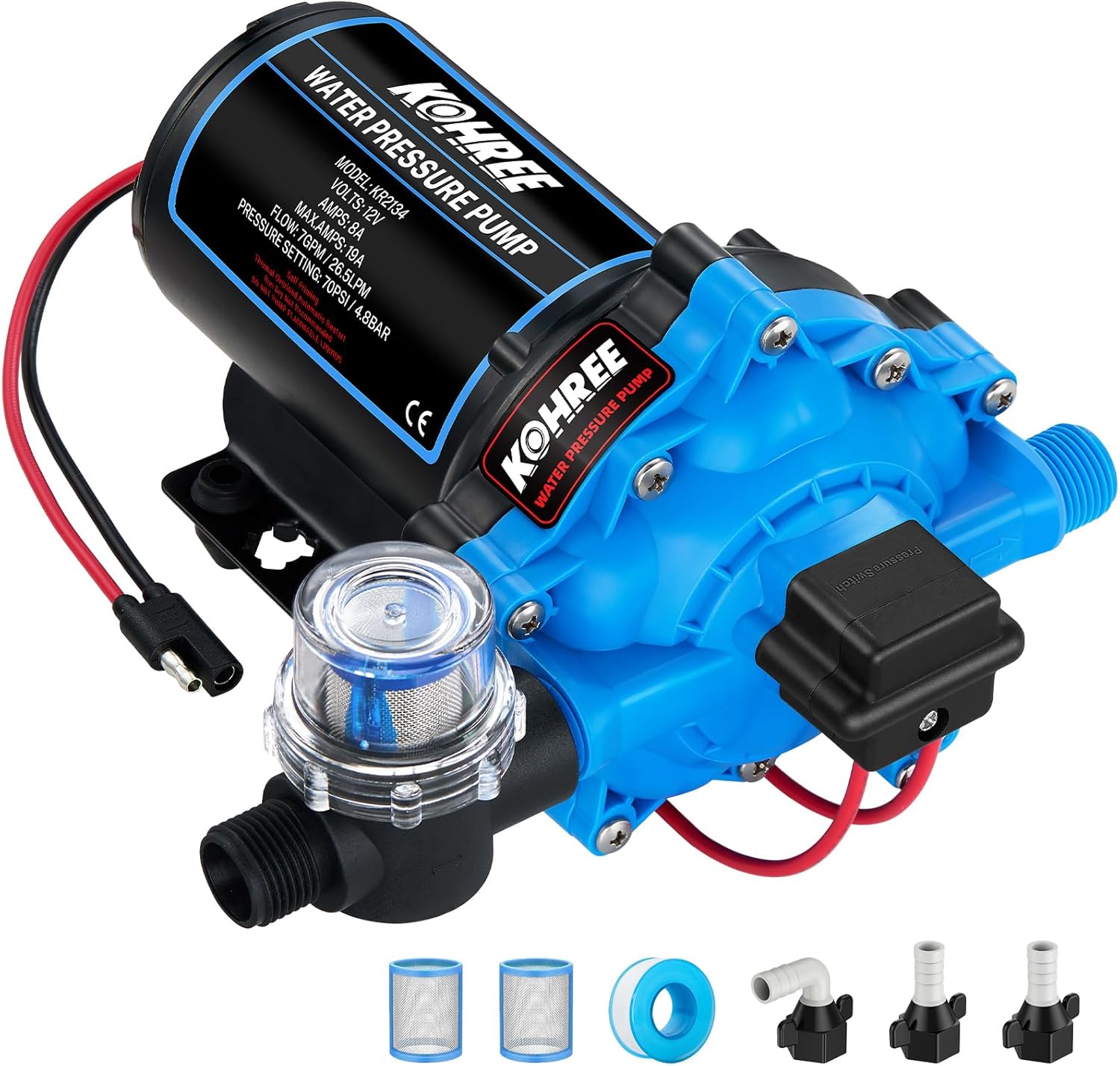 2025 Upgraded Kohree RV Fresh Water Pump 7GPM 70PSI, 12V DC Water Pump, Self-Priming, Five Chamber Diaphragm Pump with Heavy Duty Pressure Switch and Strainer for RV, Marine, Yacht, Caravan 7.0GPM 70PSI