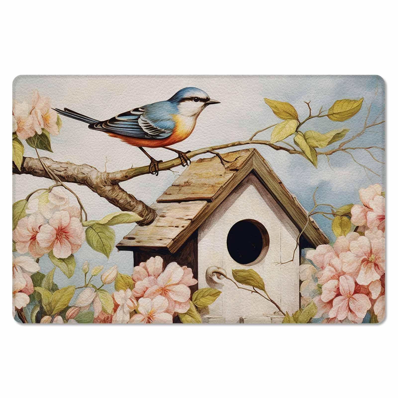 Farmhouse Birdhouse Antifatigue Kitchen Bath Door Mat Cushioned Runner Rug,Washable Welcome Floor Sink Mat,Waterproof & Non-Slip Standing Doormat for Kitchen,Vintage Spring Flower Plant Leaves 24