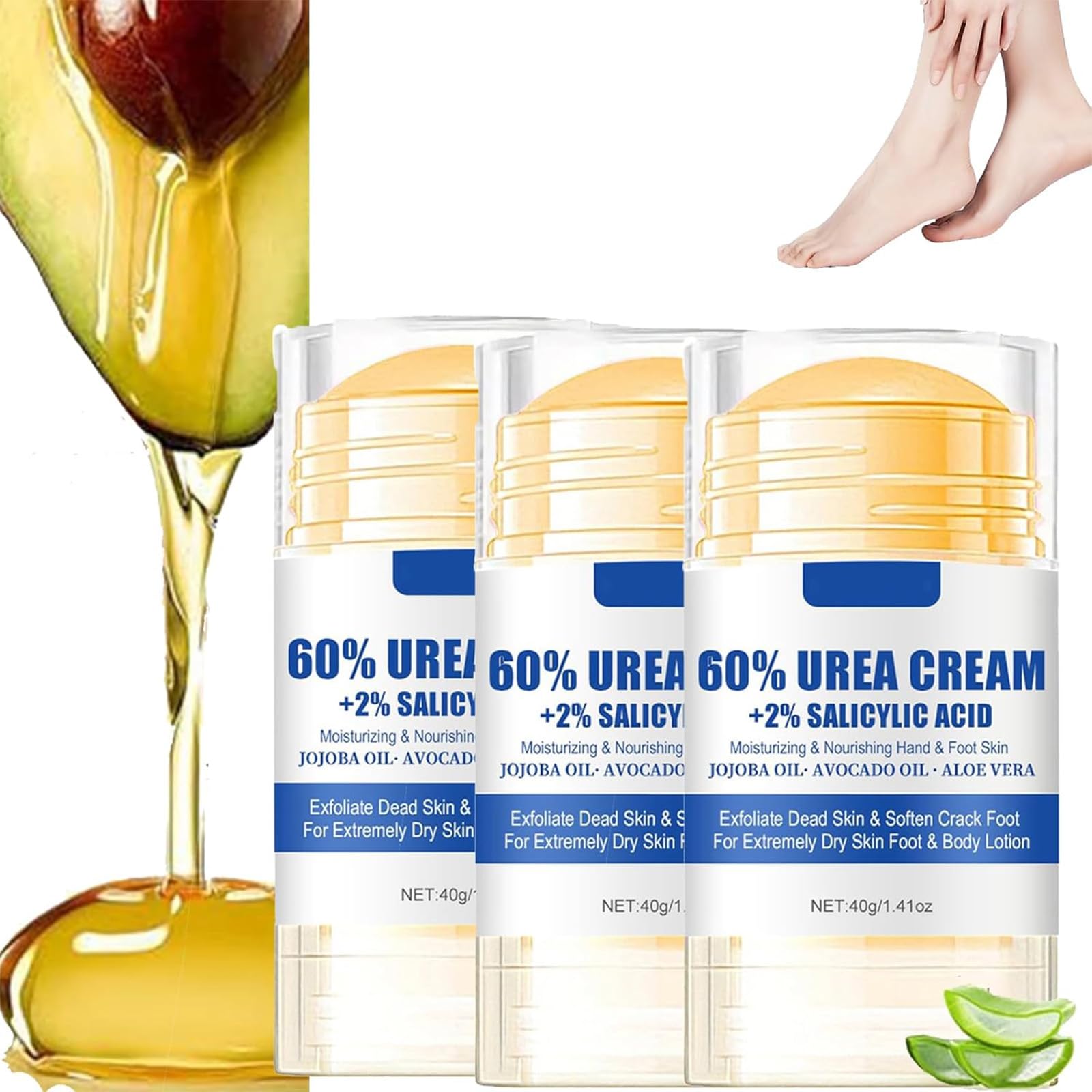 Crema para pies hidratante y antigrietas, crema de urea para pies, 60% urea más 2% crema para pies de ácido salicílico para talones y pies secos y agrietados, crema hidratante (3pcs)