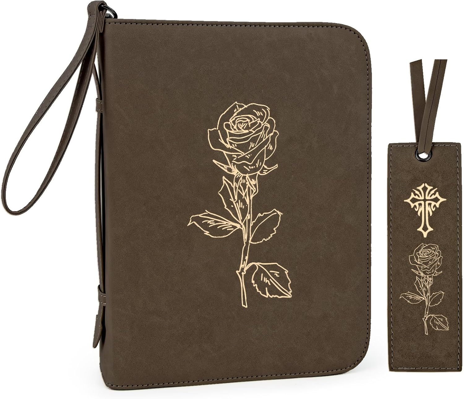 Bible Covers for Women & Men, Leather Bible Case with Rose Bookmark, Bible Supplies Carrying Bag Tote with Strap, Personalized Gift for Study, Journaling, Church-Dark Brown