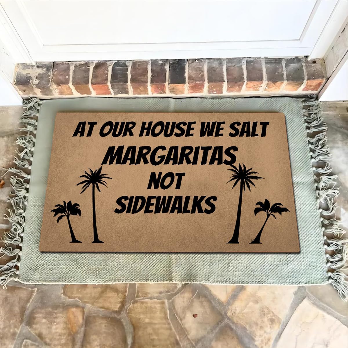 Funny Welcome Doormat For Entrance Way Indoor Front Porch Rugs At Our House We Salt Margaritas Not Sidewalks with Palm Trees Funny Home Decor Mat Anti-Slip Novelty Prank Gift Mats 23.7"(L) x 15.9"(W)