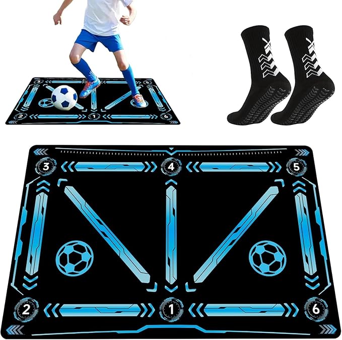 Soccer Training Mat – 35.4×23.6 Inches, Includes Premium Anti-Slip Soccer Socks Improve Agility and Coordination, Dribble & Ball Control Trainer for Solo Practice