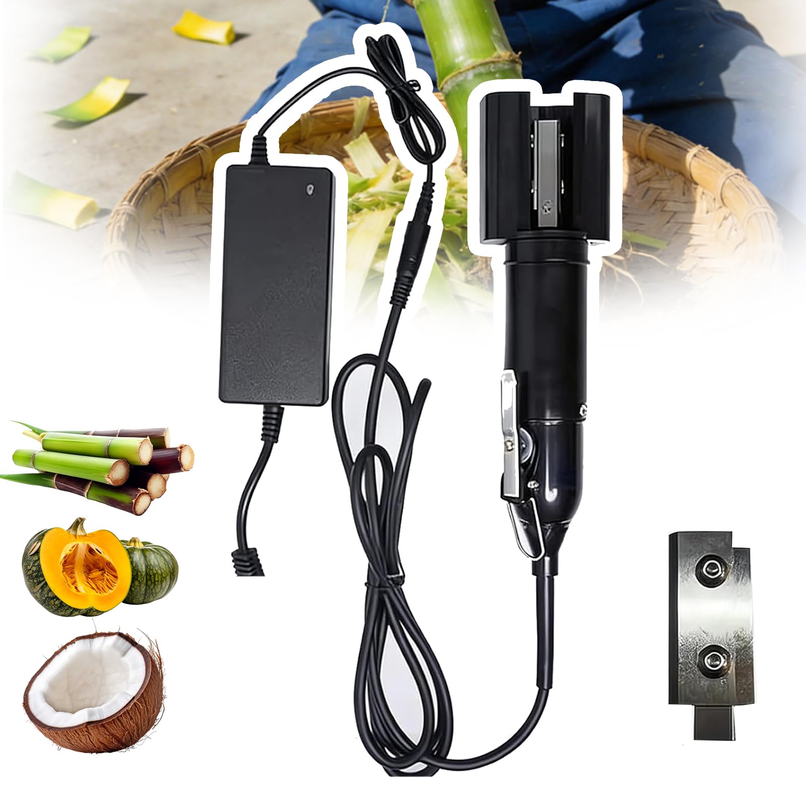 Peladora automática de caña de azúcar, peladora de Mano de 188 W, 7500 RPM, con Cuchilla de Repuesto, pelado preciso, sin dañar la Fruta, pelado rápido en 3 Segundos, para Cocos, Calabazas.