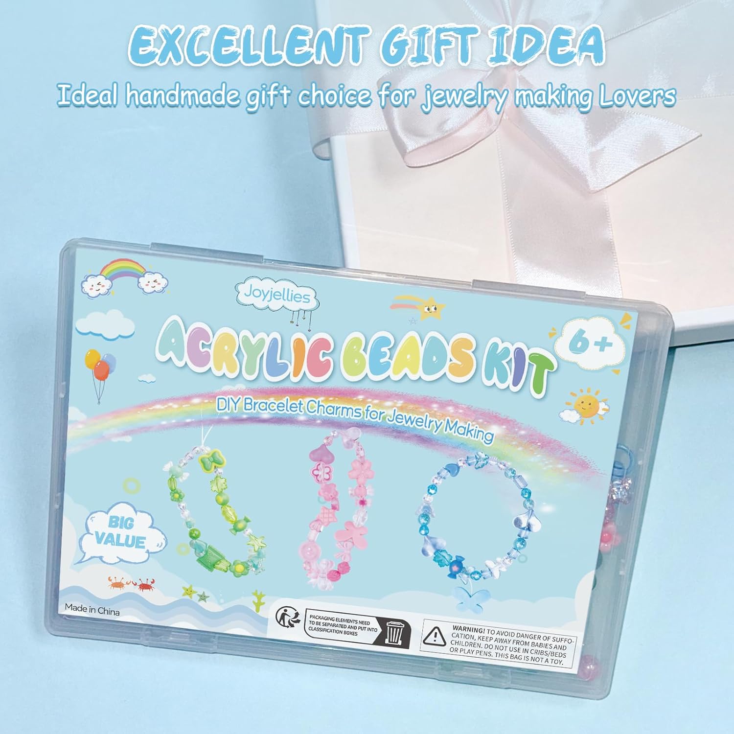 JoyJellies Bracelet Making Kit Assorted Acrylic Beads, 4 Colors Charms Keychain Making Kit with String Key Ring Clips Bow Heart Cute Beads for Bracelets Arts and Crafts Jewelry Making Kits