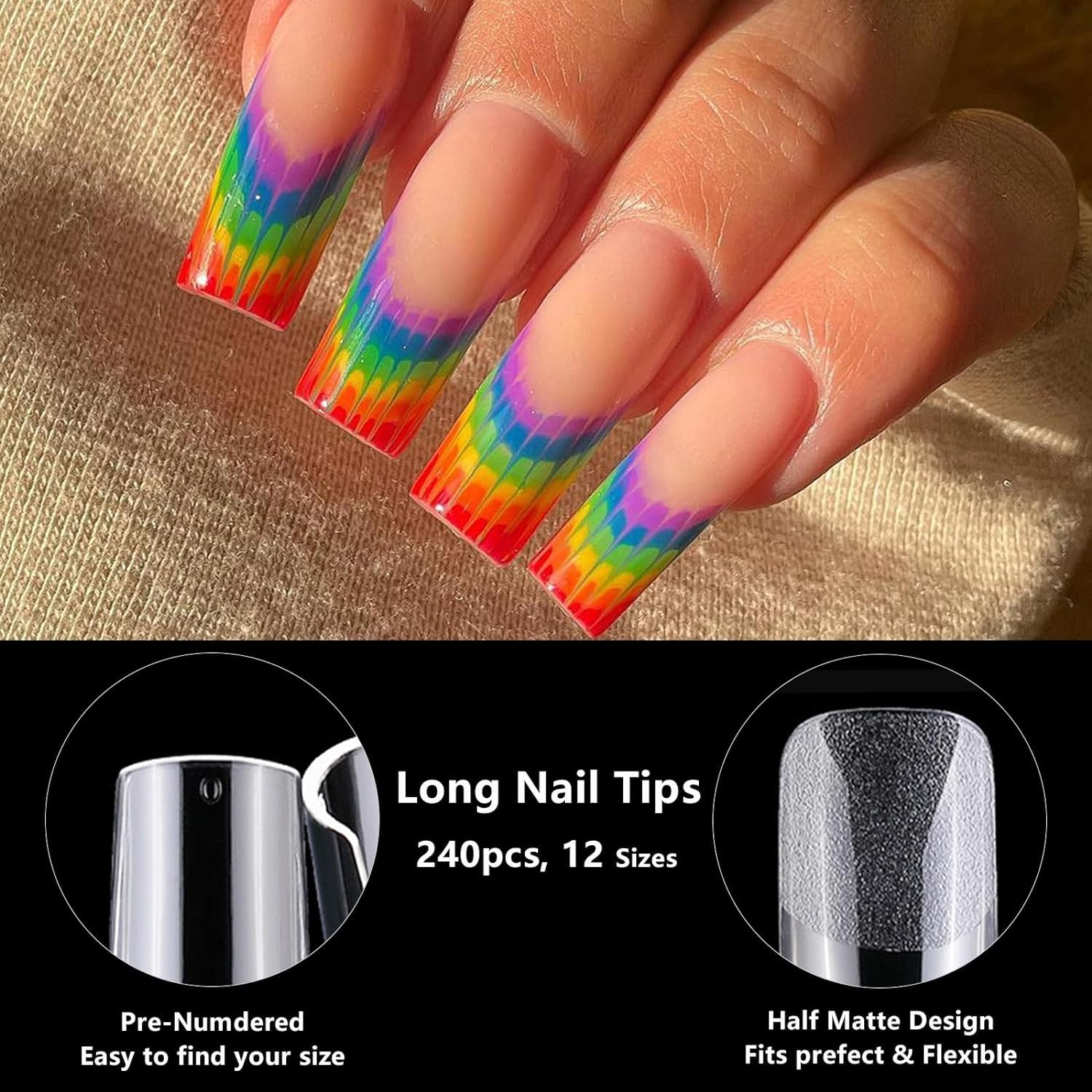 Gel Nail Tips, 240pcs Square False Nails for Gel Extensions & Acrylic Nails, 12 Full Cover Sizes, Clear Nails for Salon DIY Nail Art - Image 4
