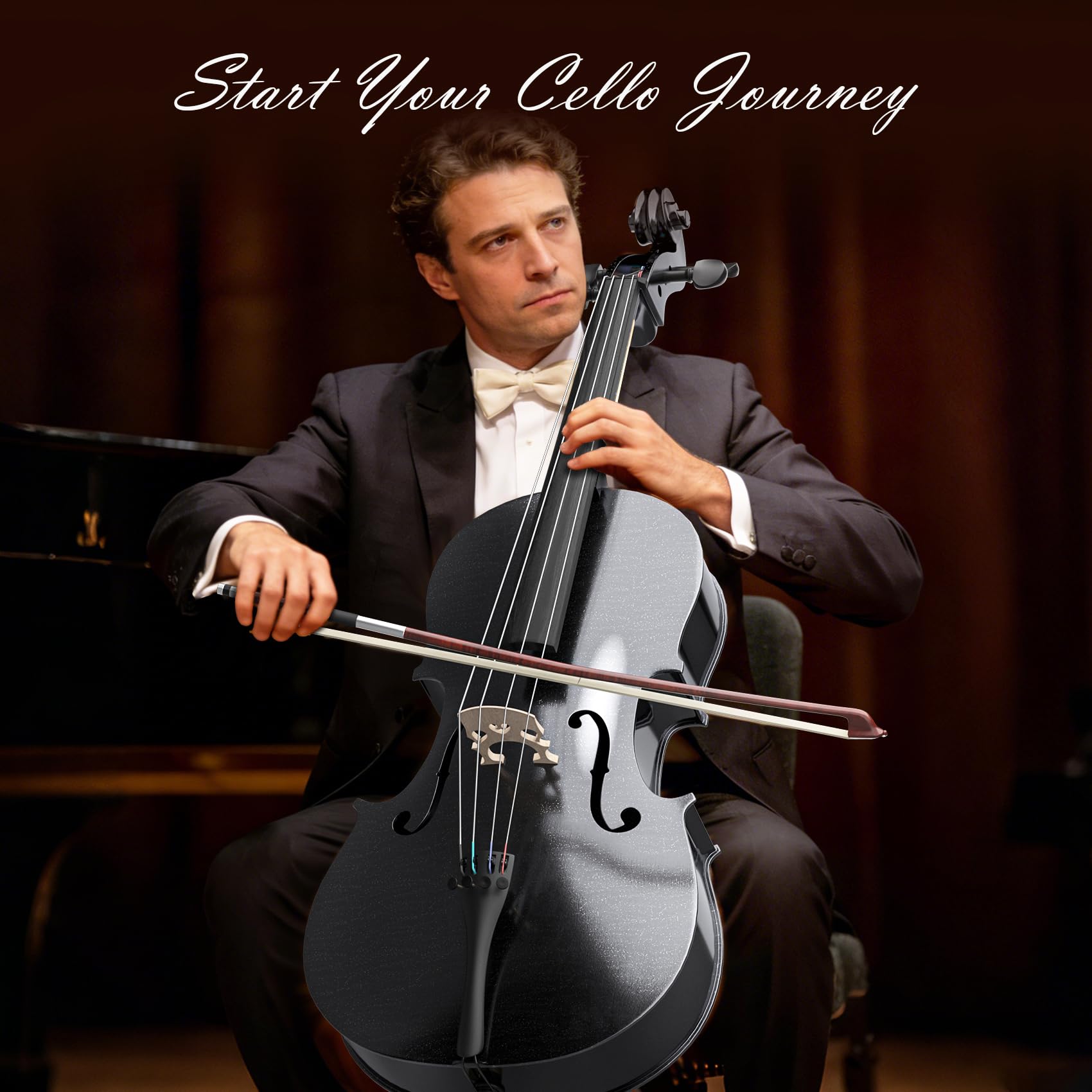 Cello 4/4 Kit, Full Size Cello für Erwachsene, Studenten, Anfänger, komplettes akustisches Cello-Instrumenten-Set mit tragbarer Tasche, Bogen, Kolophonium, Schwarz
