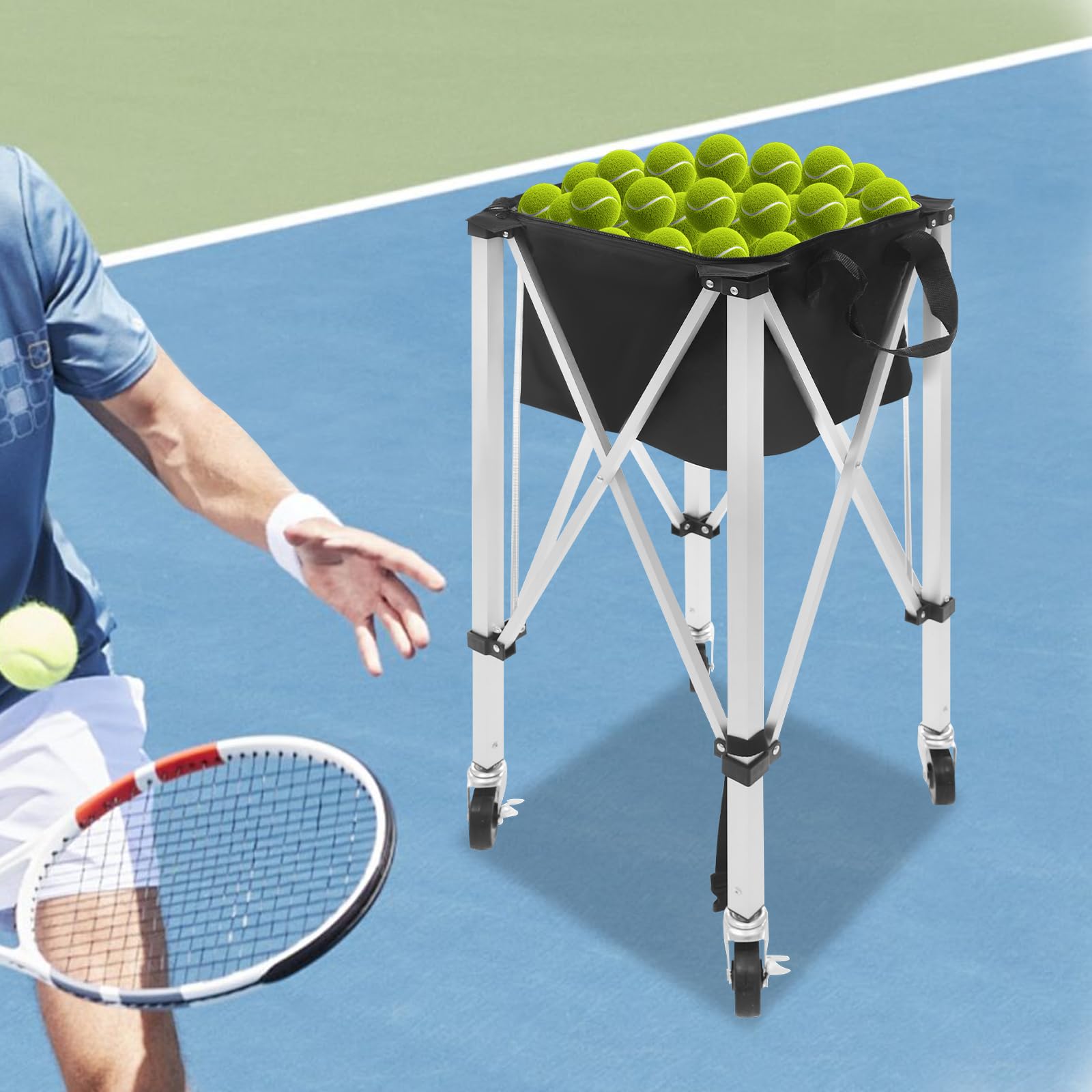 Contenedor Pelotas Tenis Plegable, Canasta Tenis Ligera con Ruedas, X para Carrito de Entrenamiento Portátil Guardar Pelotas de bádminton, Pelotas de Tenis de Mesa, 150-170 Pelotas