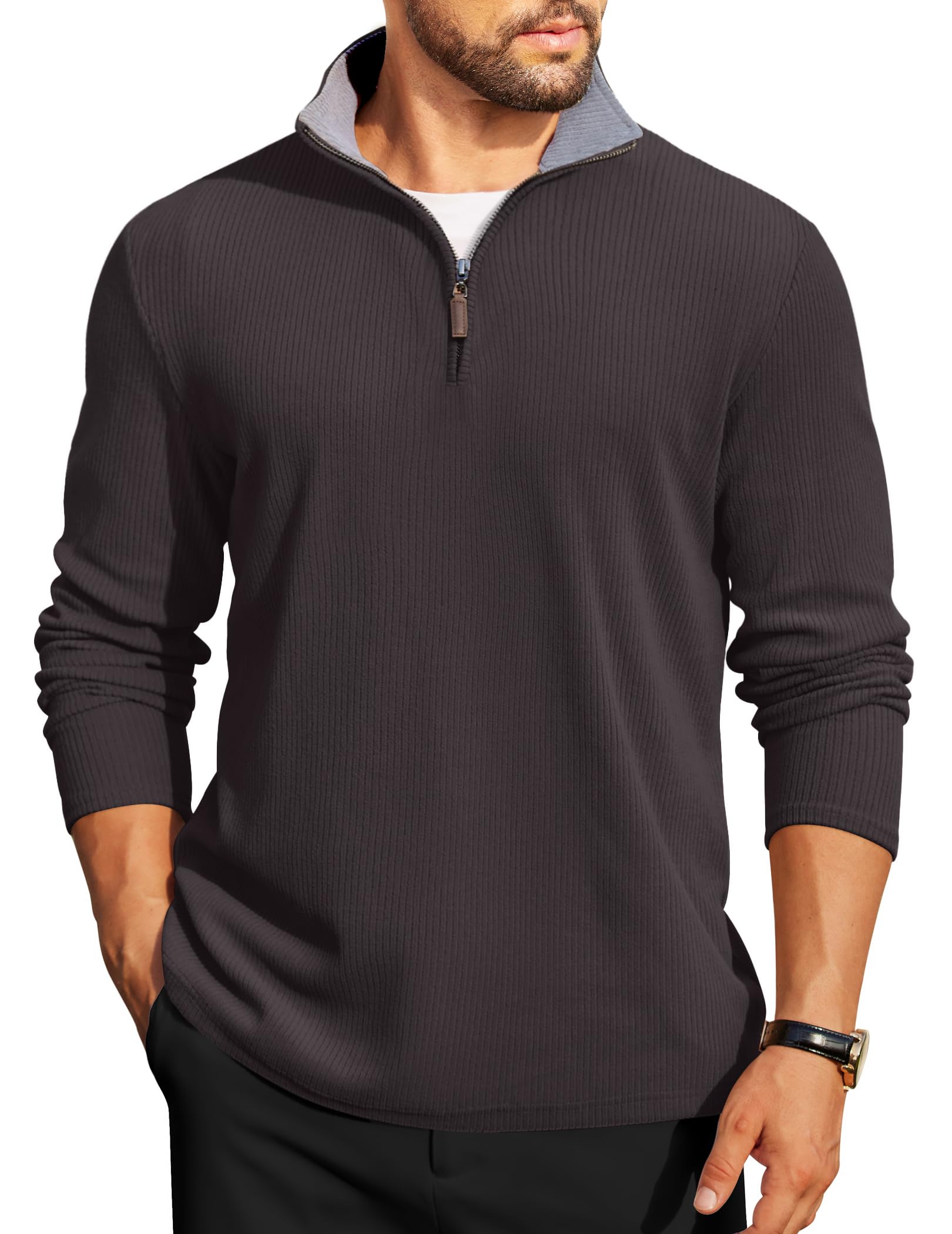 Mens Quarter Zip Pullover Contrast Collar Corduroy Sweatshirt