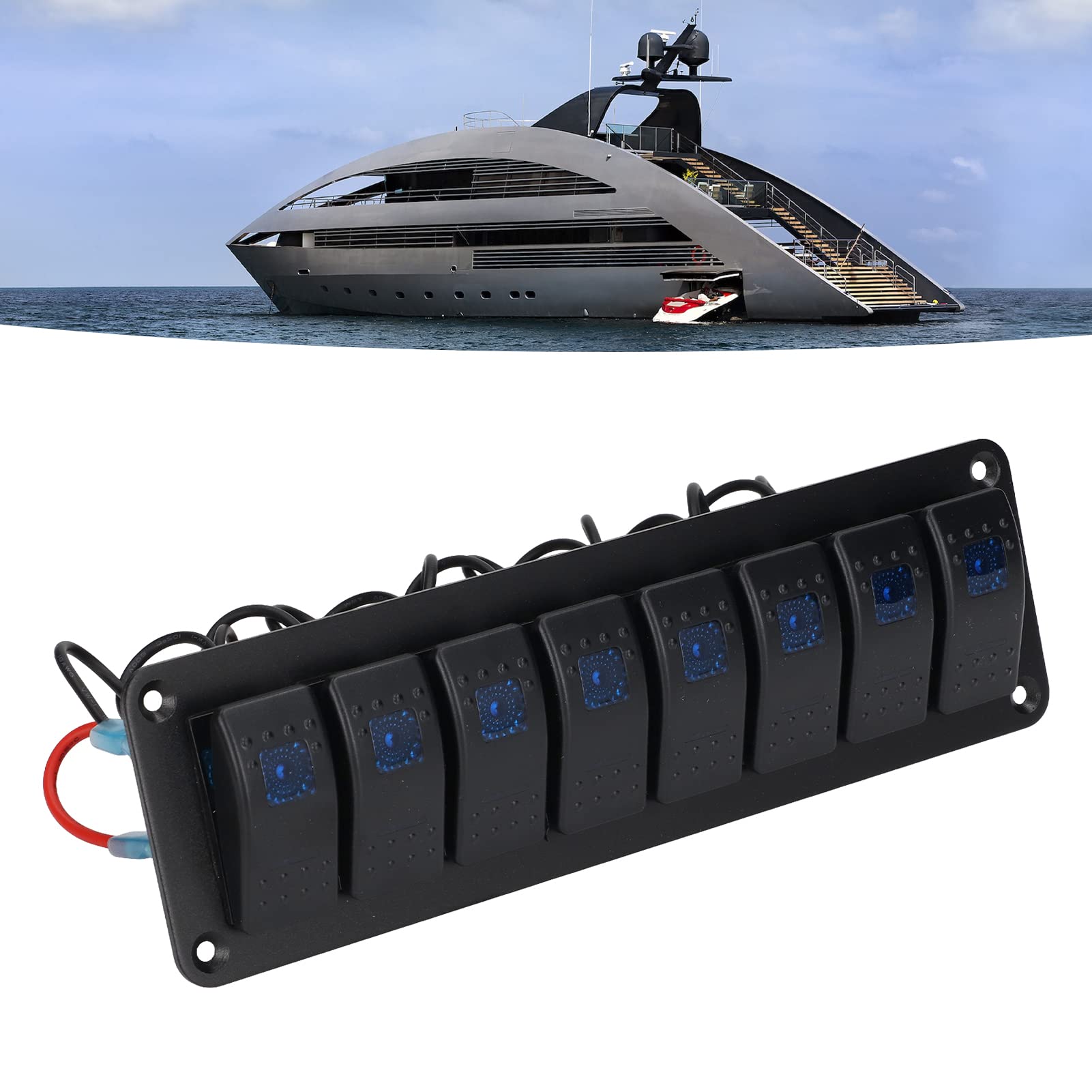 Pannello interruttori a bilanciere a 8 gruppi Interruttore on/off retroilluminato a LED Protezione sovraccarico impermeabile Precavo per auto RV Bus Marine Boat (Blu)