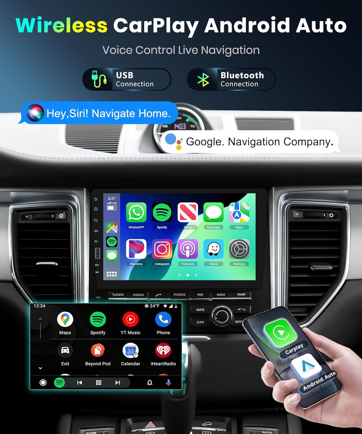 9 Inch Wireless Carplay Single Din Car Stereo,1080P Single Din Touch Screen Radio Support Wireless Android Auto Bluetooth 5.0 Backup Camera FM EQ Mirror Link USB Dual Mic SWC