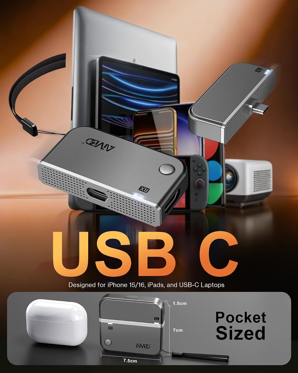 AIMIBO Wireless USB-C Transmitter and HDMI Receiver, 4K Decode 1080P Output, 328FT Range, Wireless HDMI Extender, 5G Portable Streaming Video and Audio from Phone/Laptop/PC to TV/Projector/Monitor