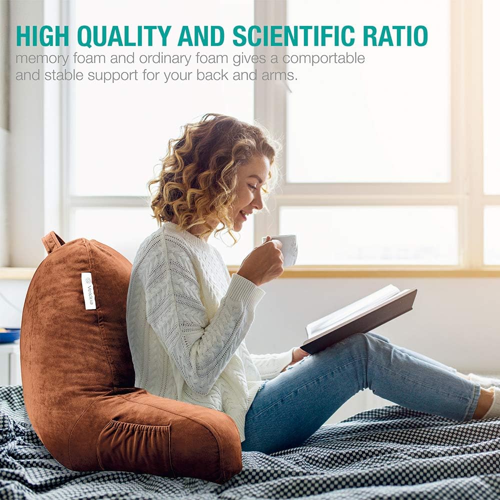 Vekkia Reading & Bed Rest Pillow with Support Arms, Pockets, Memory Foam. Perfect Back Support Cushion for Adults Reading/Watching TV/Sitting Up in Bed – Extra Foams Incl. Customize Softness-18