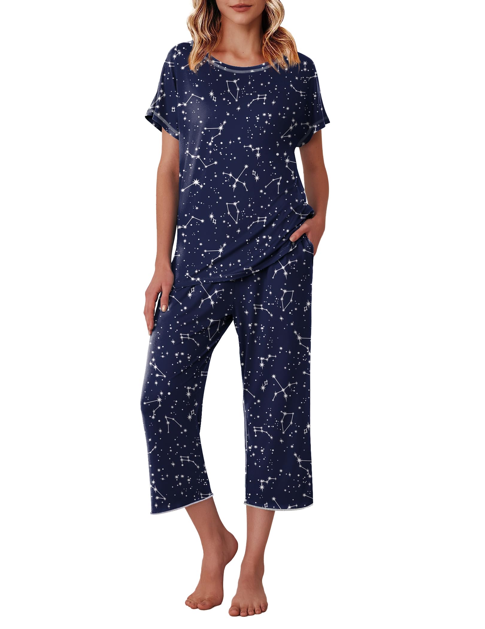 Ekouaer Women's Capri Pajama Sets Floral Print Short Sleeve Sleepwear Top and Capri Pants 2 Piece Loungewear with Pockets