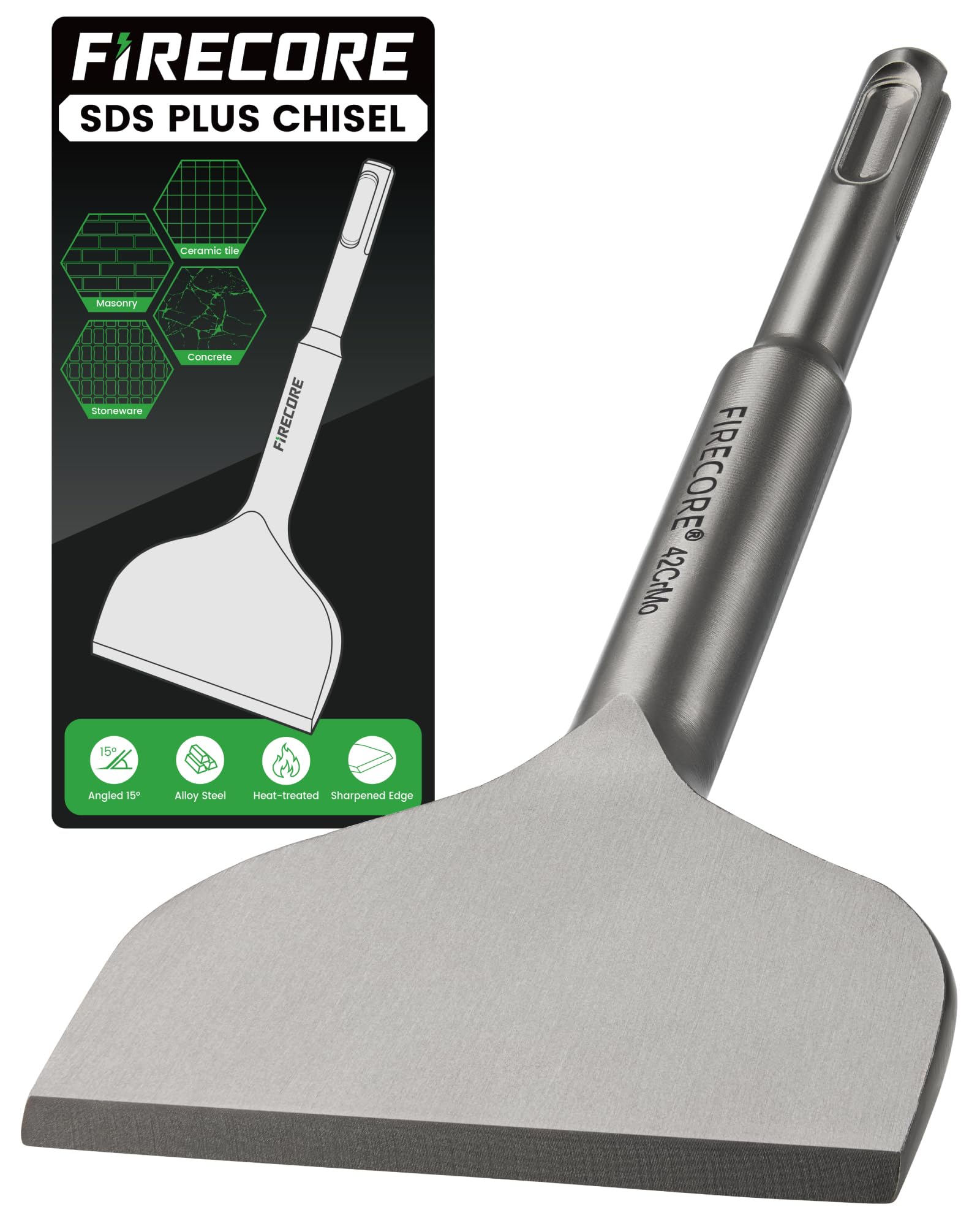 Firecore Scalpello SDS Plus, 165 mm x 75 mm, acciaio speciale 42CrMo, scalpello per piastrelle per martello SDS Plus, scalpello largo - FS22365