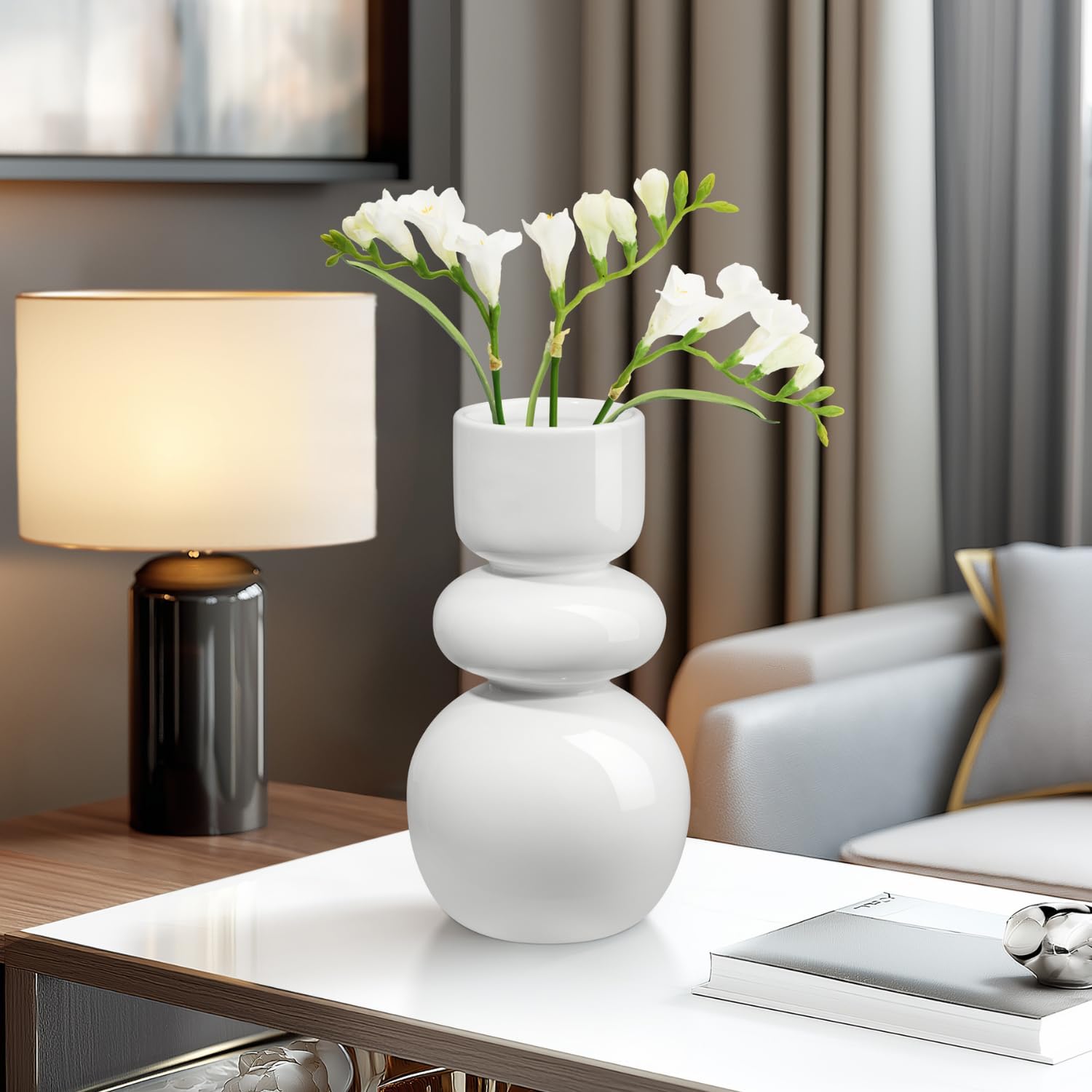 Torre & Tagus 10" White Ceramic Stacked Bubble Vase for Flowers with Gloss Finish - Modern Sculptural Home Decor Accent, Watertight Decorative Vase for Home Decor, Office, Wedding or Gift (Sintra)