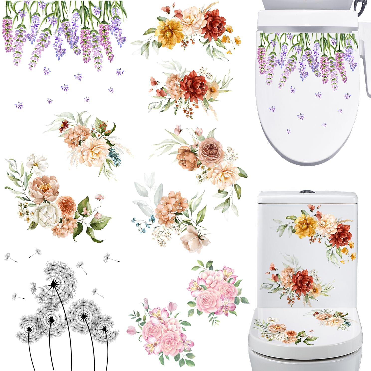 Autocollants muraux pour abattant de toilettes et salle de bain - Lot de 6 stickers amovibles