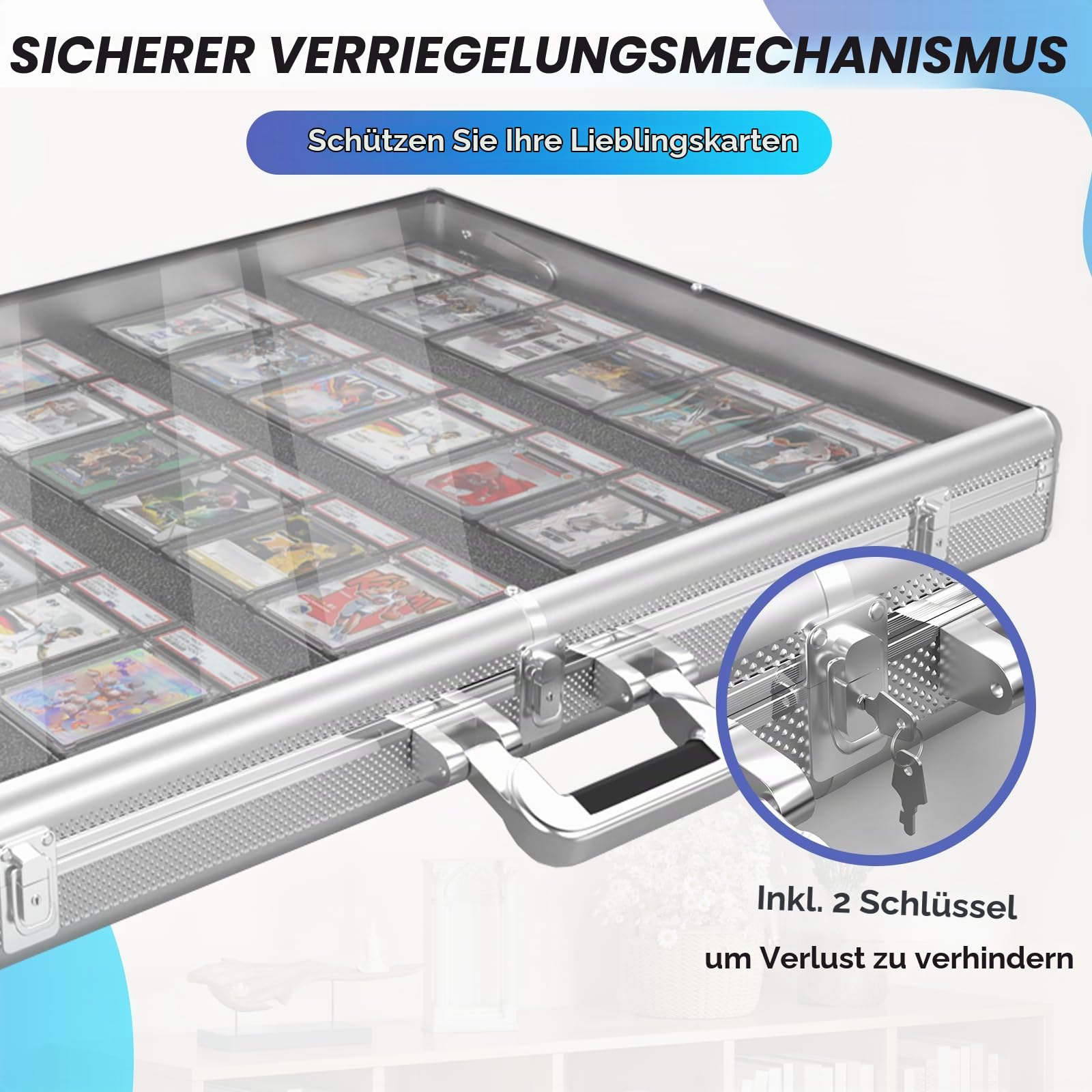 Aluminium-Karten-Vitrine mit Schloss und anpassbarem Schaumstoffeinsatz, große Glas-Tischvitrine für Sammelkarten, Schmuck, Sammelkarten, tragbare Acryl-Aufbewahrungsbox für Handel und Zuhause
