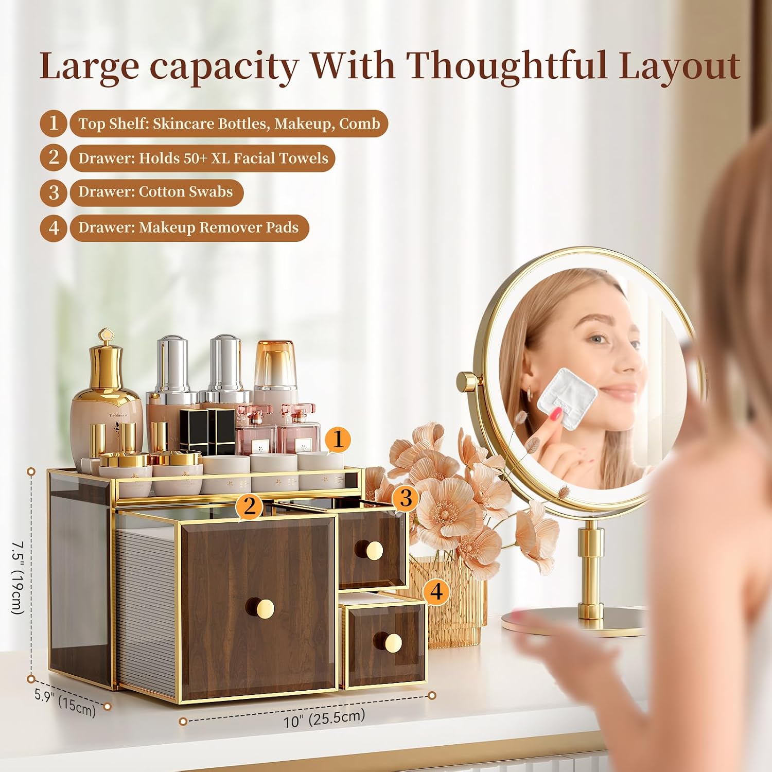 CoralHouse Tempered Glass Face Towel Holder with 3 Drawers, Bathroom Vanity Organizer for Disposable Face Towels, Cotton Pads, Swabs and Skincare