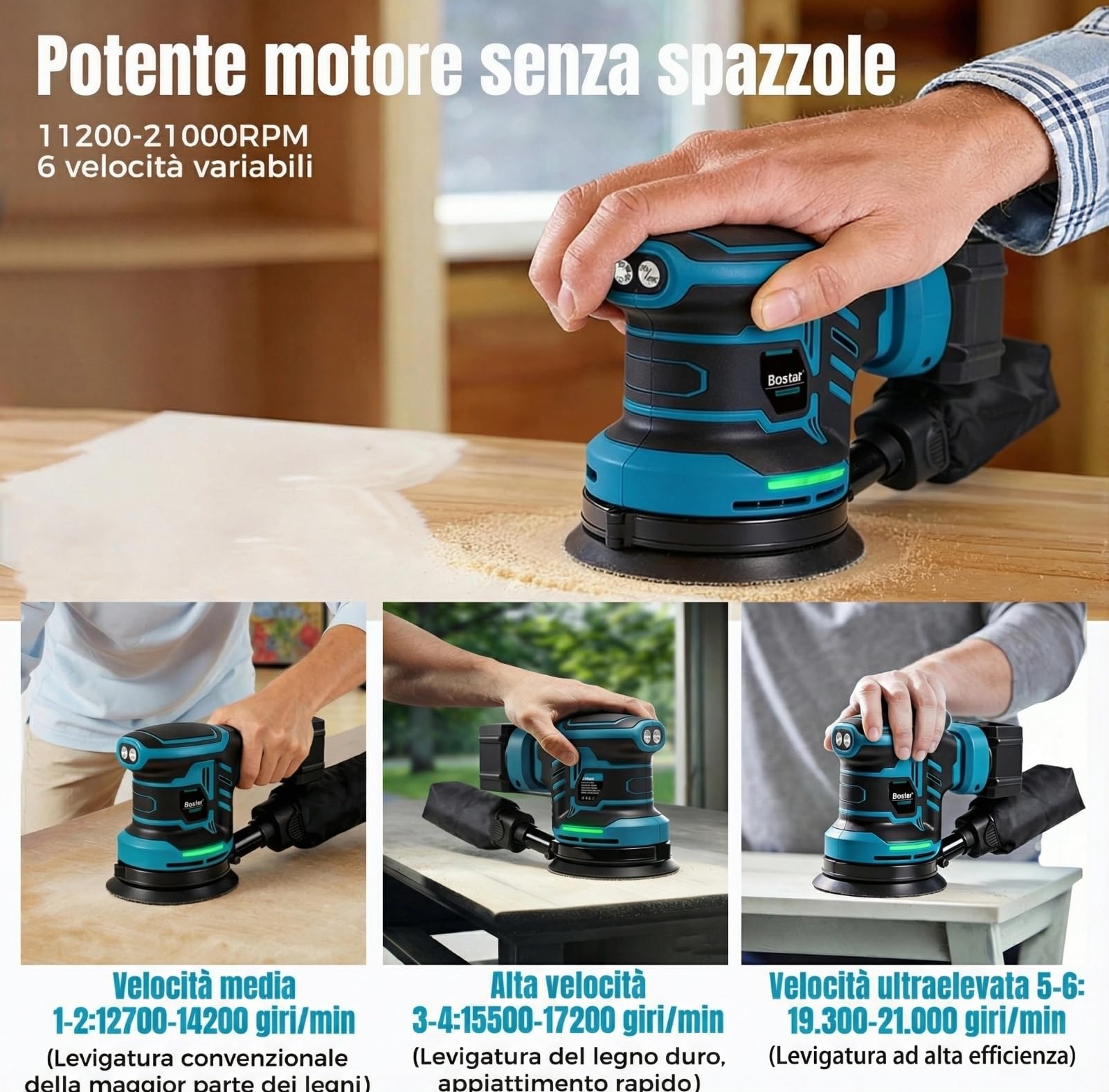 Bostar Levigatrice Rotorbitale a Batteria 18V, Ø125mm Motore Brushless, 2 Batterie 3.0Ah, Max. 21000 Giri/min, 6 Velocità, Sacco Polvere, Levigatrice Orbitale per Legno e Auto, Compatibile Makita 18V
