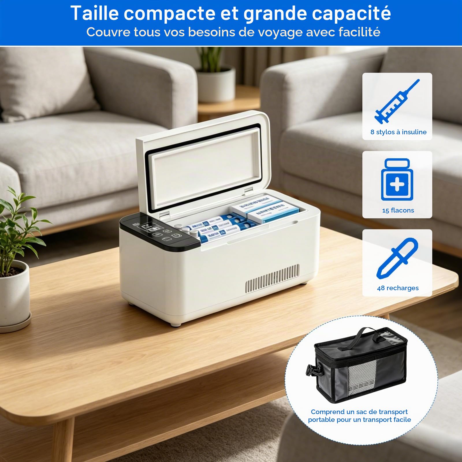 Réfrigérateur Portable pour Insuline 0,6 L, Glacière Médicale avec Refroidissement Actif 2–8 °C et Batterie (8 Heures), Mini Frigo pour 20 Flacons ou 18 Stylos, pour Extérieur, Voyages et Maison