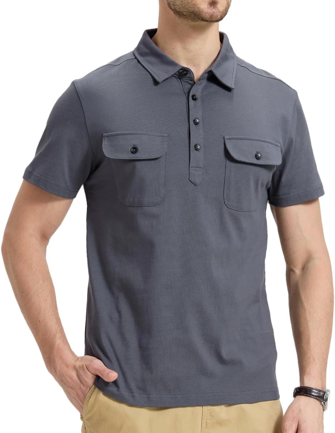 Men's Short Sleeve Polo Shirt Cotton Golf T-Shirt Work Shirts with 2 Pockets