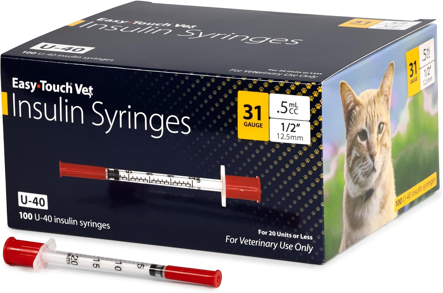 EasyTouch U-40 Pet Insulin Syringes (31G 0.5cc 1/2") - 100 ct.