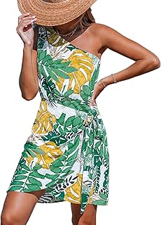 Women's One Shoulder Leaf Print Self-tie Short Dress Sleeveless Tiered Hem Formal Dress Casual Mini Dress