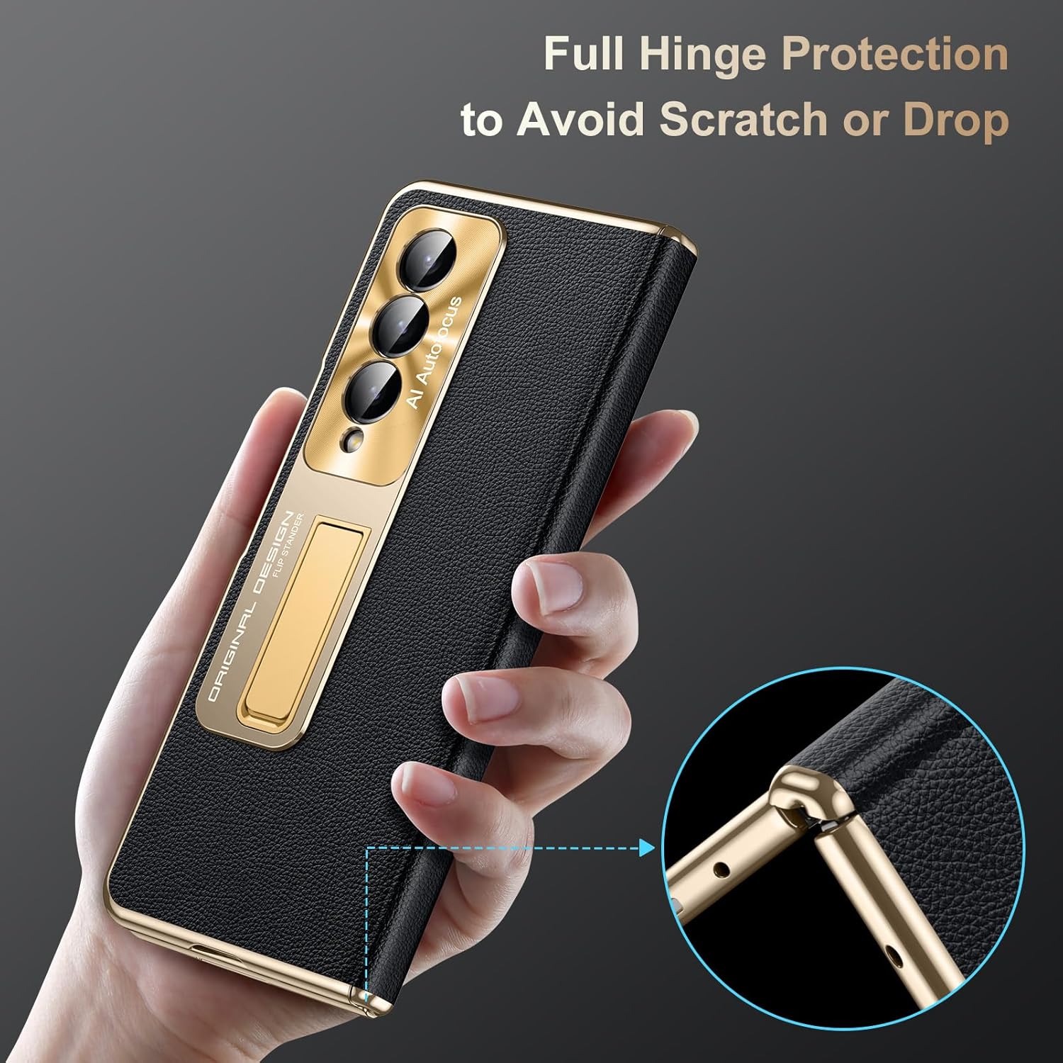 for Samsung Galaxy Z Fold 4 Case, Electroplated Frame, Luxury Leather Back, Full Magnetic Hinge Protective, Screen Protector, Metal Stand, Thin & Slim Stand Phone Cover 5G 2023, Black