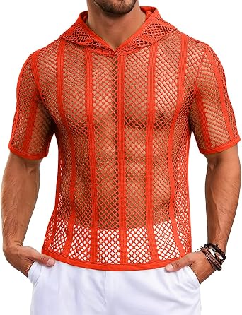 SUMABA Mens Sexy See Through Fishnet Hoodies Short Sleeve T-Shirt Sheer Mesh Pullover