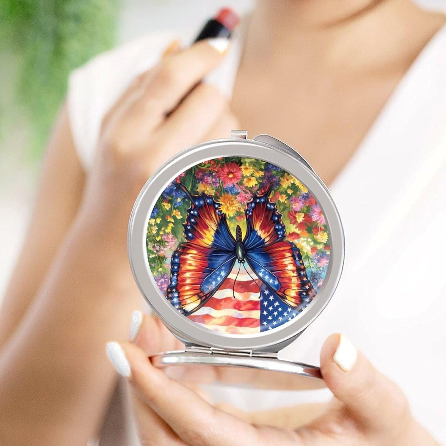U.S Flag Butterfly Flower Compact Makeup Mirror Mini Foldable Cosmetic Mirror Portable Travel Mirror for Purse Pocket